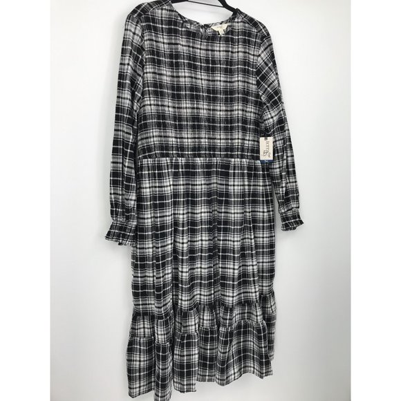 Terra & Sky Tiered Peasant Boho Smocked Midi Dress Black White Plaid 2X NEW - Picture 3 of 6